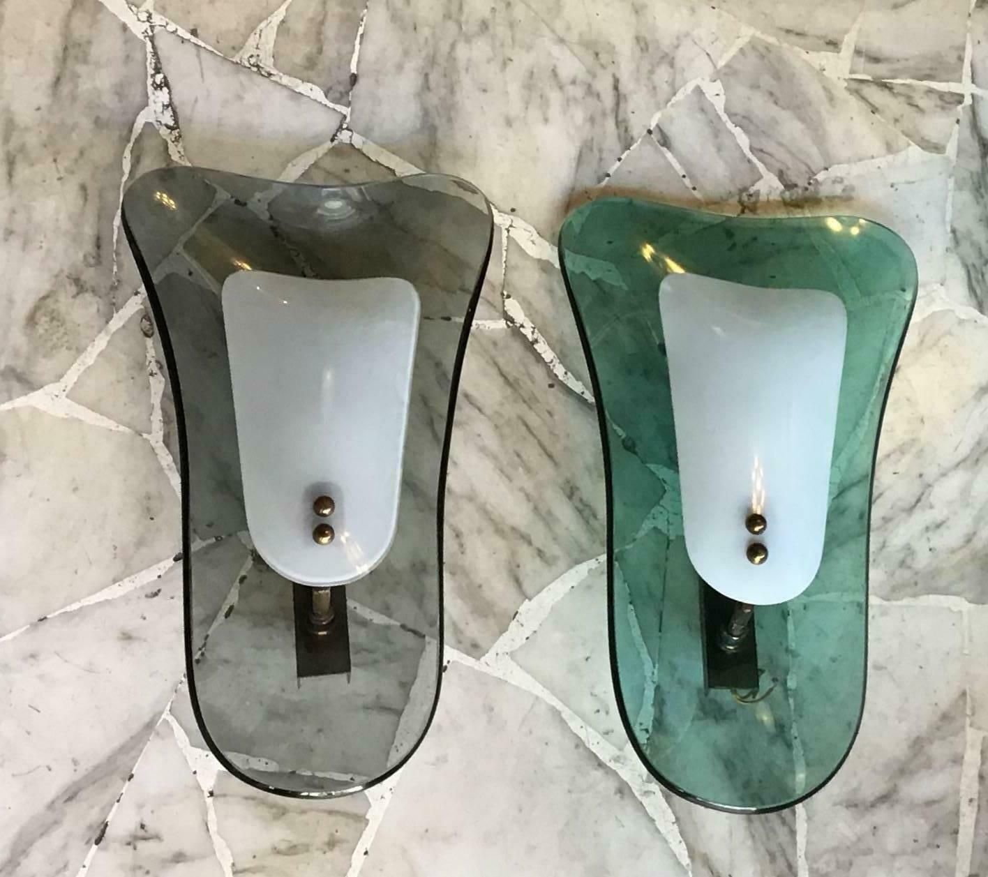 photo furniture Pair Of Fontana Arte Emerald Green And Greynglass Italian Sconces, 1960