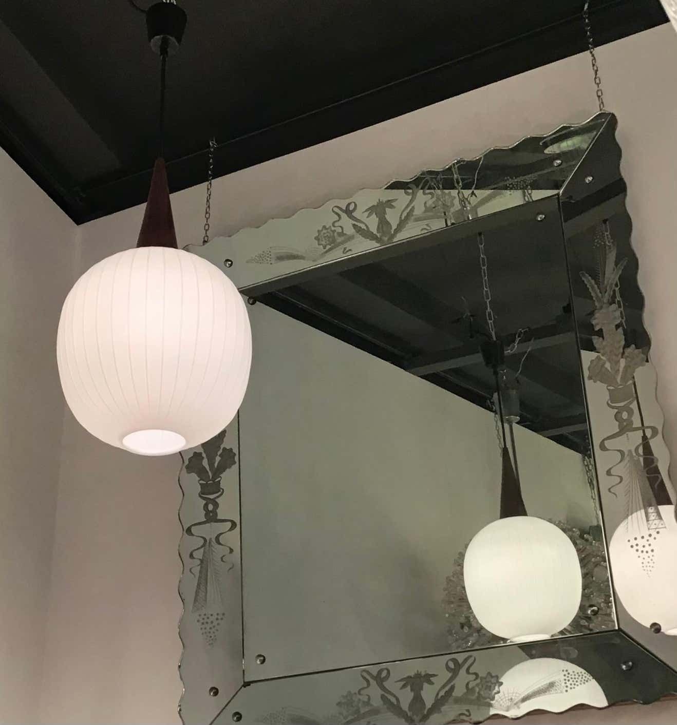 Stilnovo Stile Chandelier Opaline Glass Wood Metal, 1965, Italy photo for sale