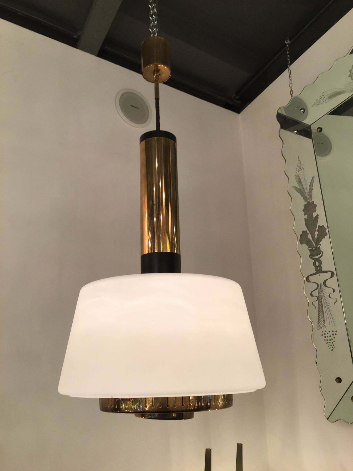 Stilnovo Chandelier Brass Opaline Glass 1955 Italy photo 4340.0