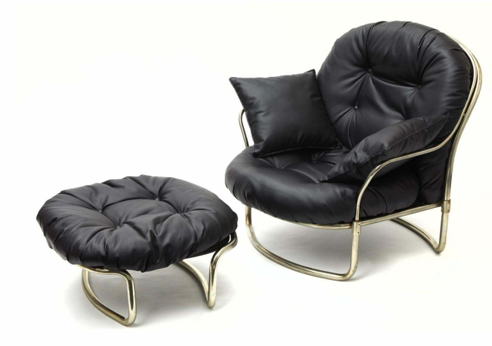 photo furniture Carlo De Carli Armchair With Puff Chromed Brass Leather 1968 Italy