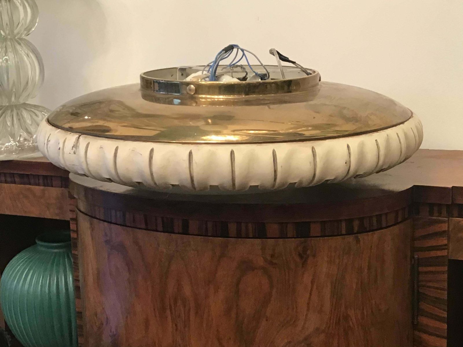 photo furniture Fontana Arte Ceiling Light Curved Etched Glass Wood Brass, 1940, Italy
