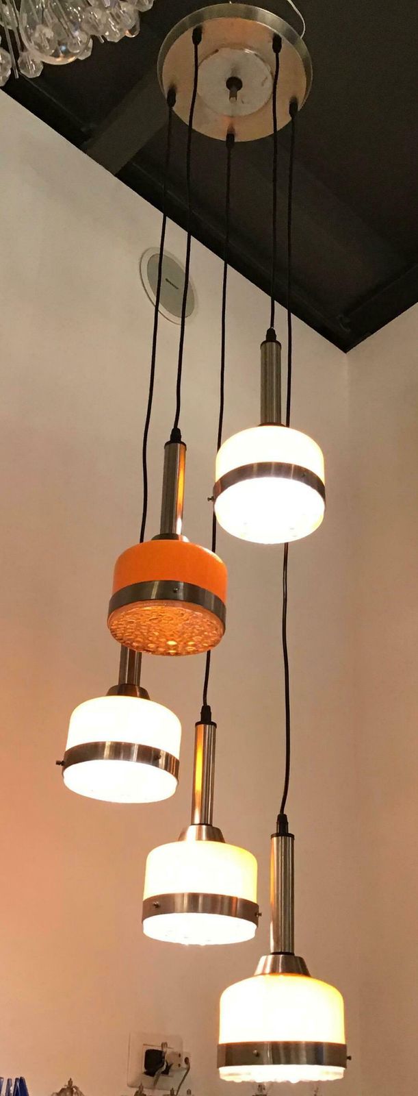 Stilnovo Style Chandelier 5 Light Glass Metal Crome, 1960, Italy photo for sale