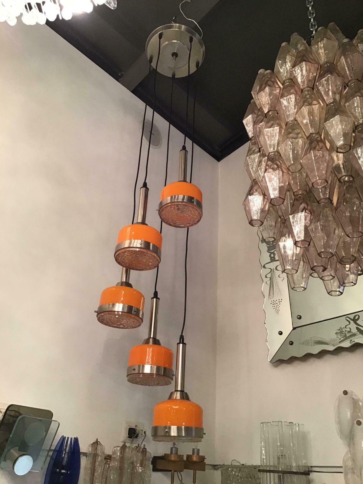 2622.0 Stilnovo Style Chandelier 5 Light Glass Metal Crome, 1960, Italy photo