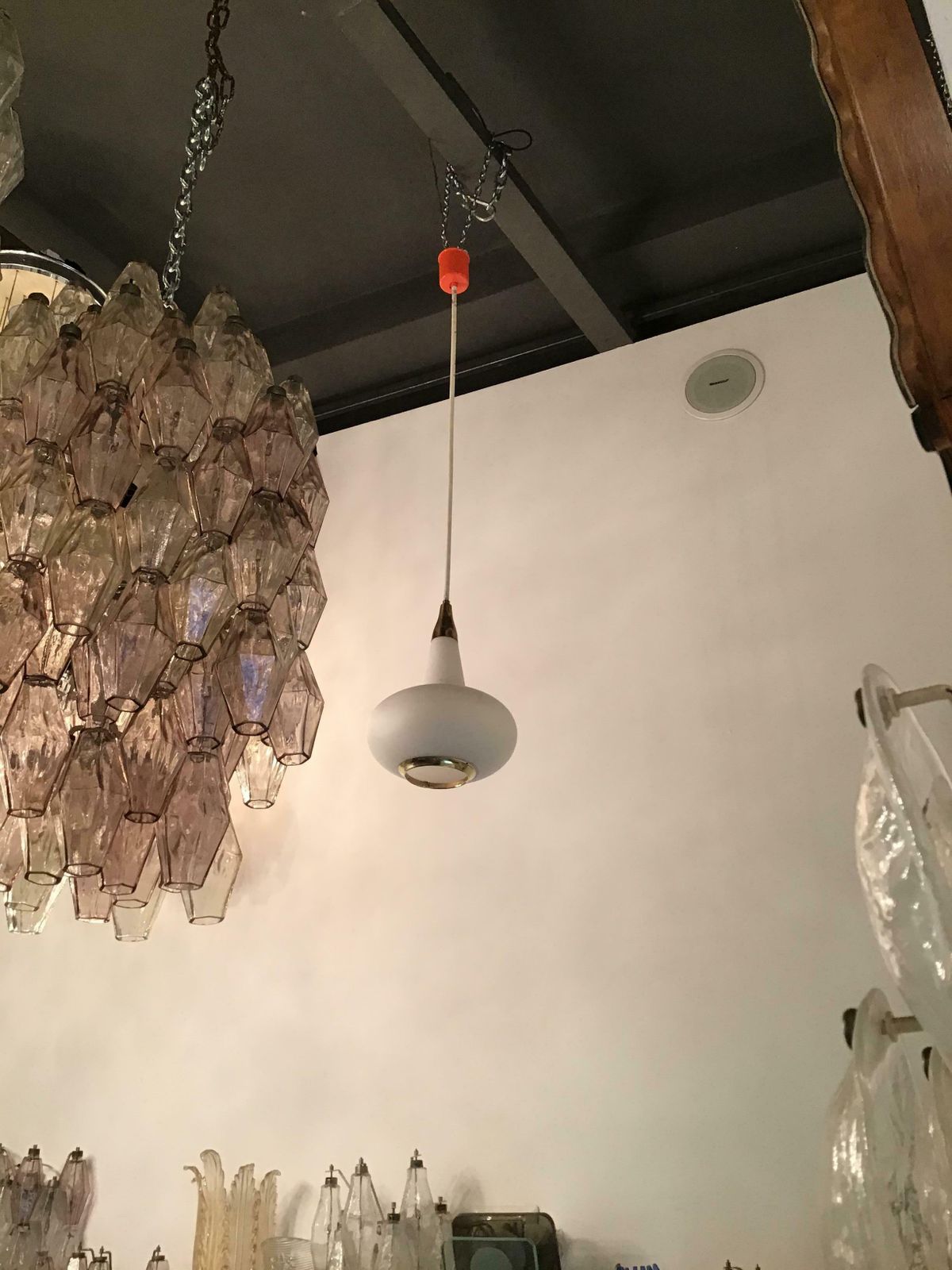 Stilnovo Style Chandelier Brass Opaline Glass Metal, 1950, Italy photo buy