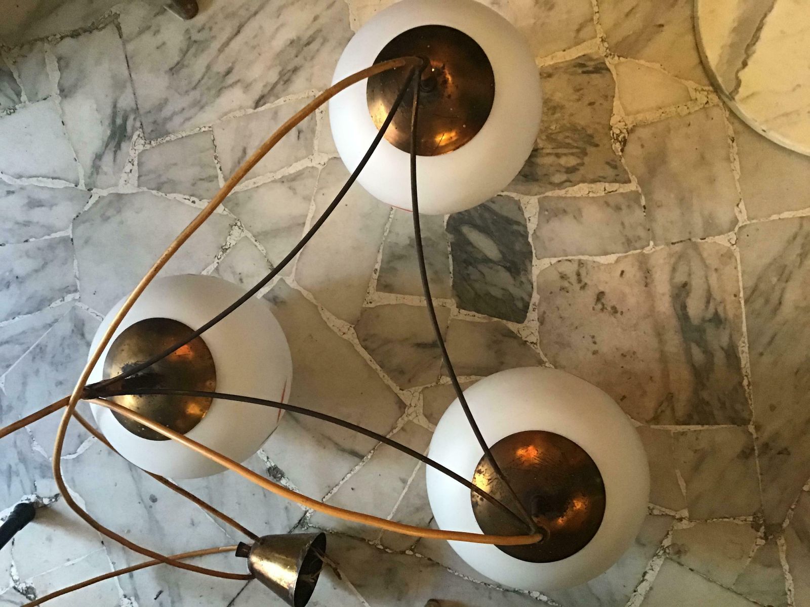 Lighting Stilnovo Style Chandelier Brass Glass 1950 Italy photo