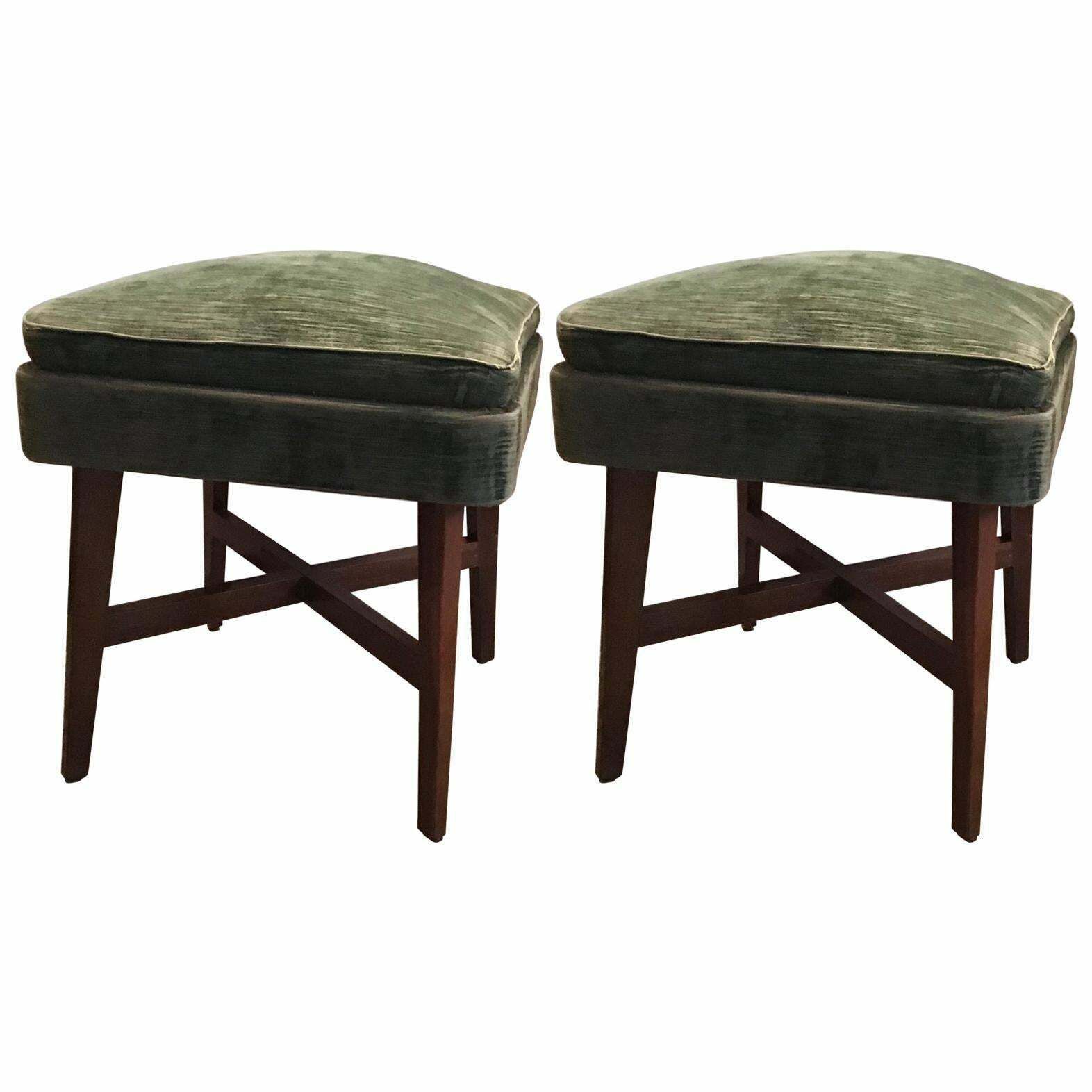 Gio Ponti “Stile” Pair Of Benches /Stools Wood Seat Wood Velvet, 1950, Italy
