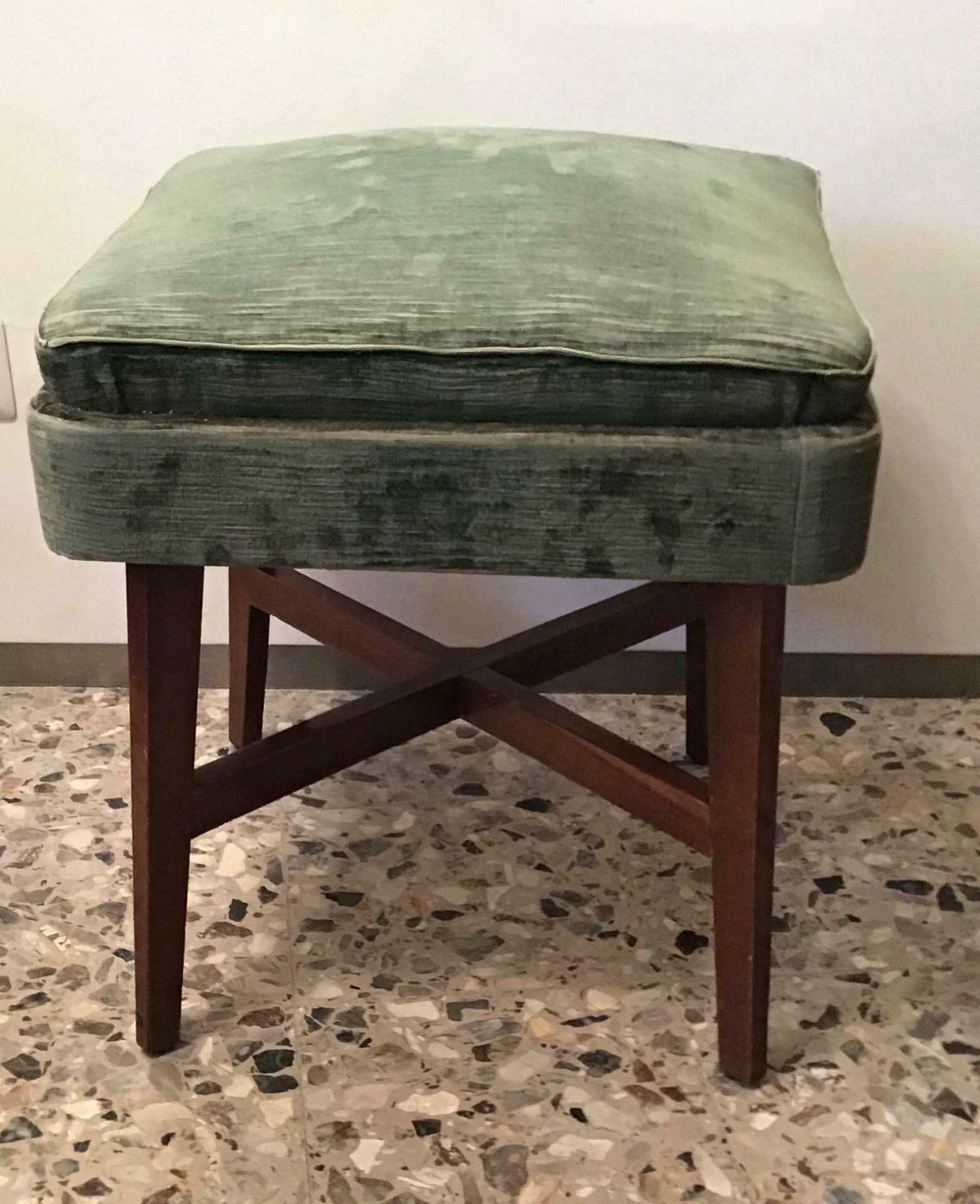 photo for sale Gio Ponti “Stile” Pair Of Benches /Stools Wood Seat Wood Velvet, 1950, Italy