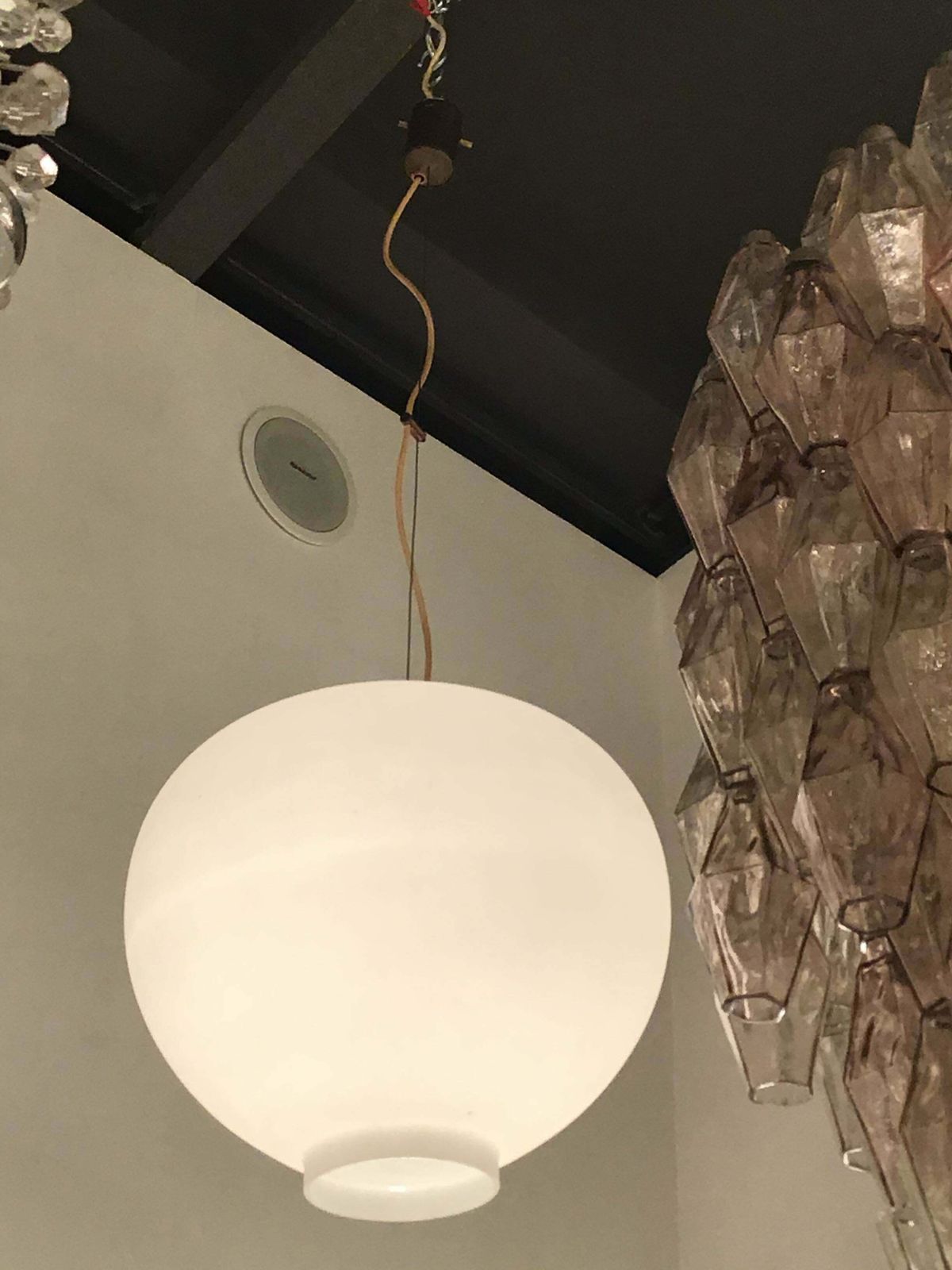 Stilnovo Style Chandelier Brass Opaline Glass, 1950, Italy photo Lighting