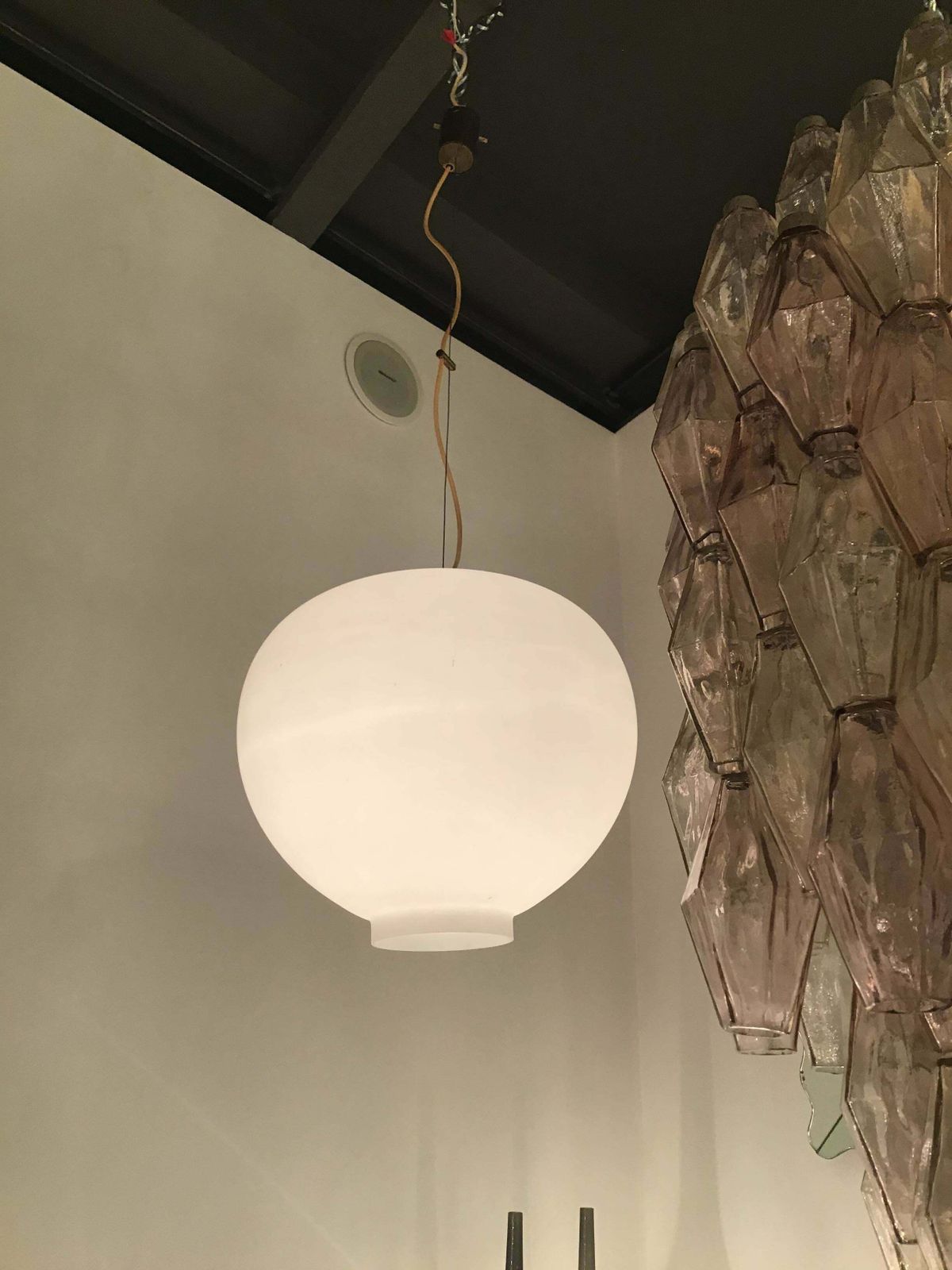 Stilnovo Style Chandelier Brass Opaline Glass, 1950, Italy photo vinterior