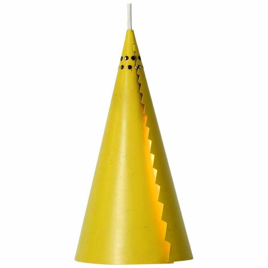 Rare Mid Century Modern Cone Shaped Pendant Lamp Made Of Sheet Steel In Yellow