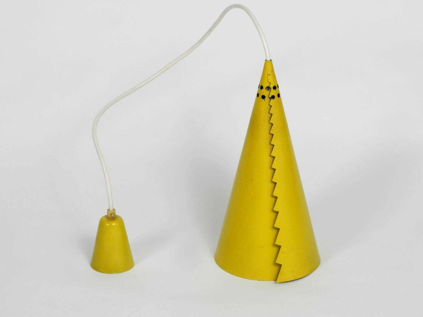 Rare Mid Century Modern Cone Shaped Pendant Lamp Made Of Sheet Steel In Yellow photo buy