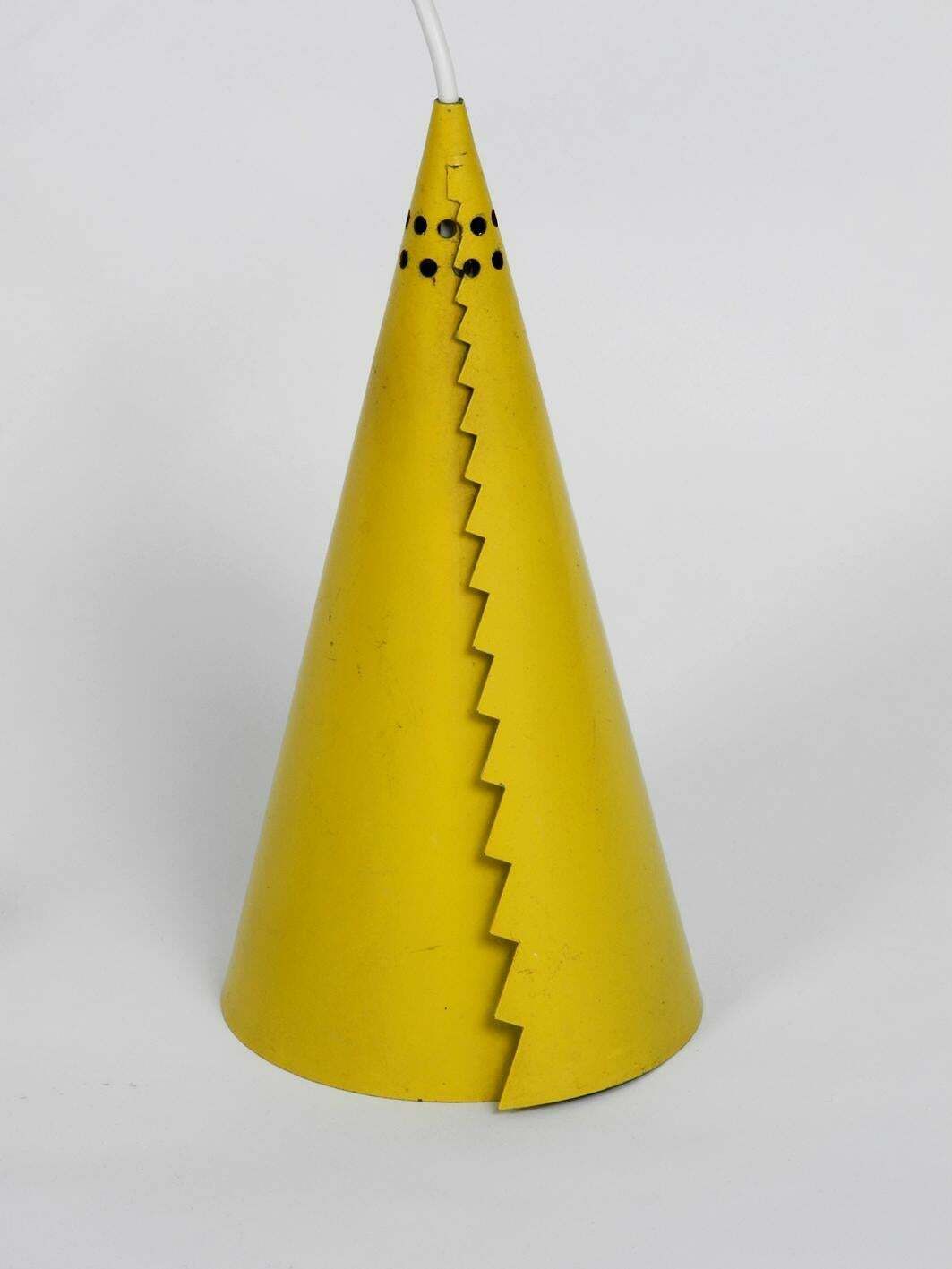 photo furniture Rare Mid Century Modern Cone Shaped Pendant Lamp Made Of Sheet Steel In Yellow
