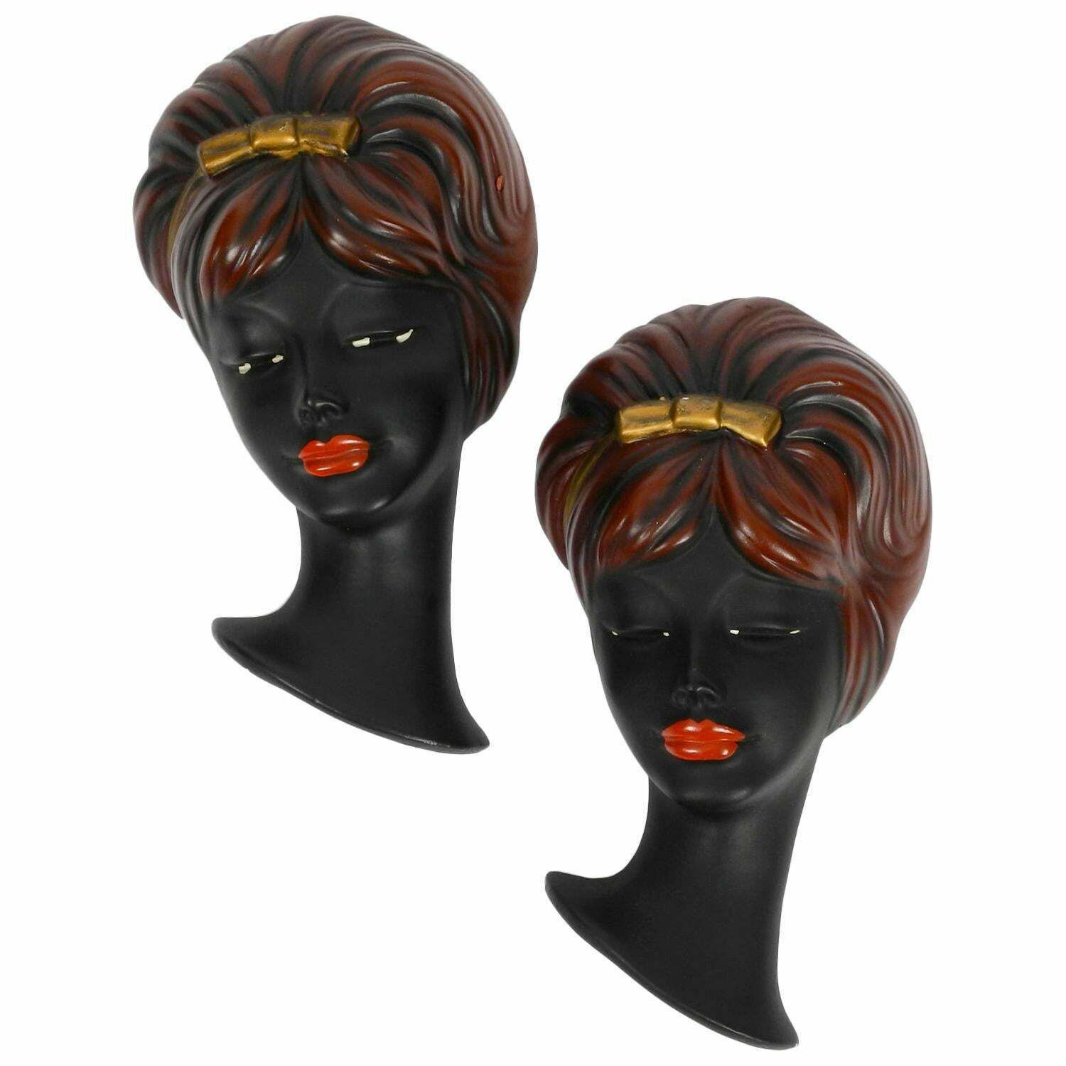 Pair Of Very Beautiful Original Midcentury Hand Painted Ceramic Women Faces