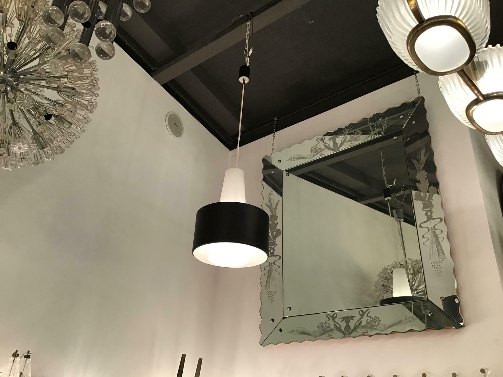 photo buy Stilnovo Chandelier Brass Opaline Glass Metal, 1950, Italy