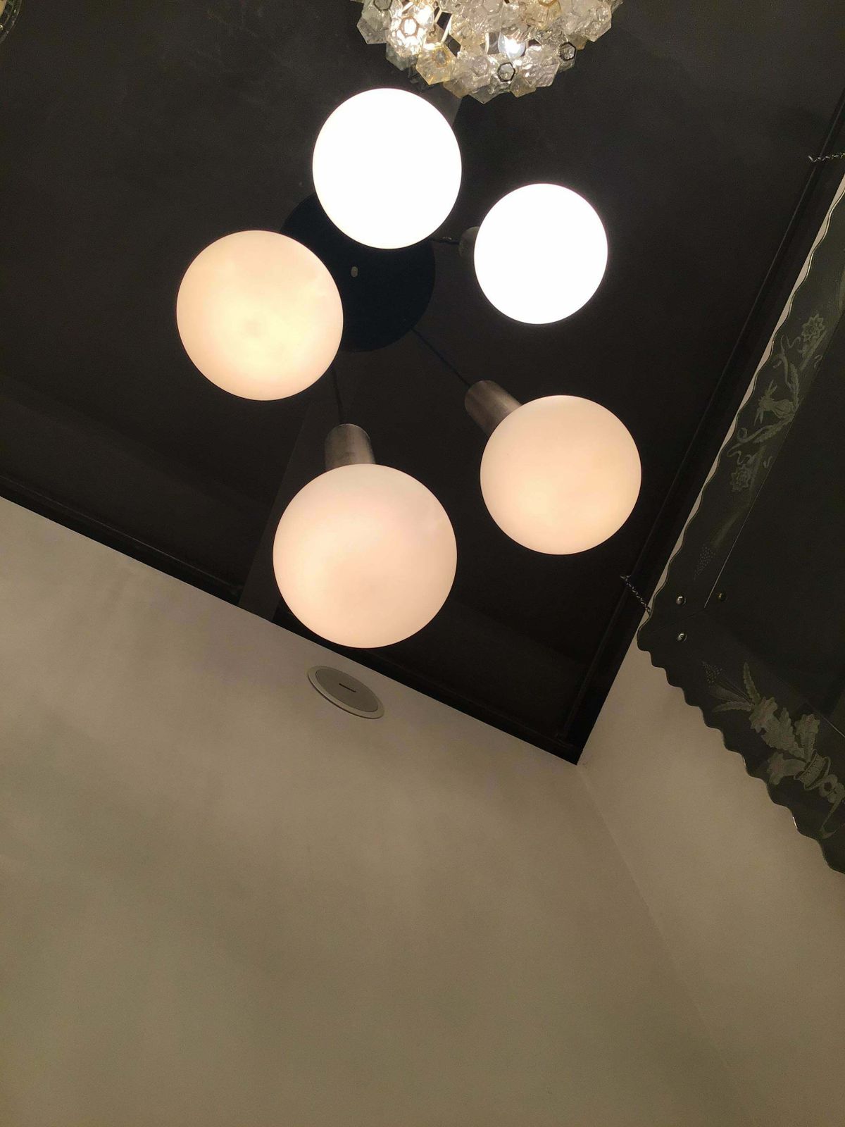 Stilnovo Chandelier 5 Lights Metal Crome Opaline Glass, 1960, Italy photo furniture