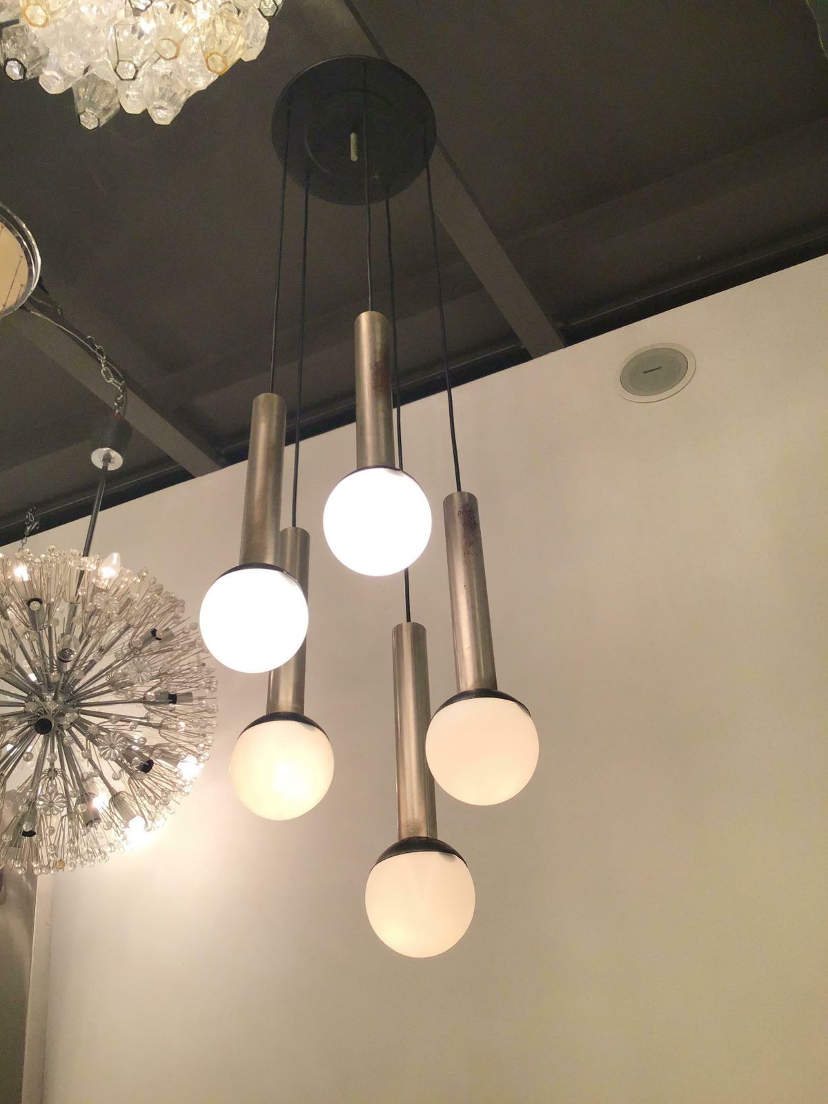 Stilnovo Chandelier 5 Lights Metal Crome Opaline Glass, 1960, Italy photo buy