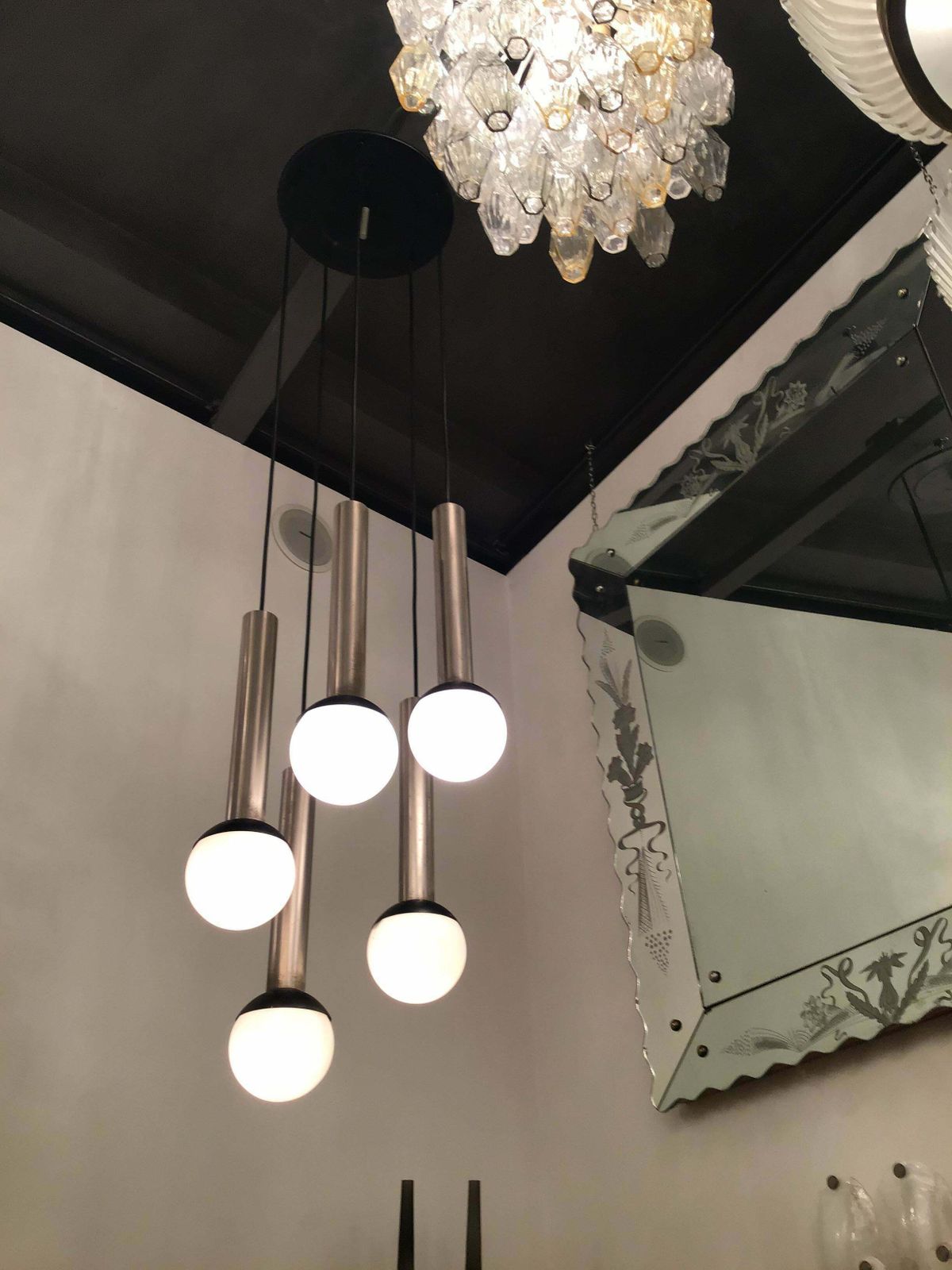 photo furniture Stilnovo Chandelier 5 Lights Metal Crome Opaline Glass, 1960, Italy