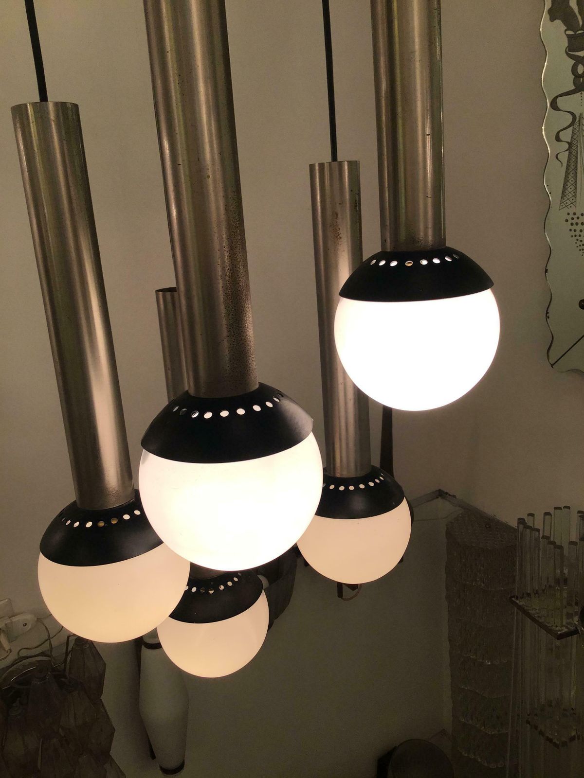 Lighting Stilnovo Chandelier 5 Lights Metal Crome Opaline Glass, 1960, Italy photo