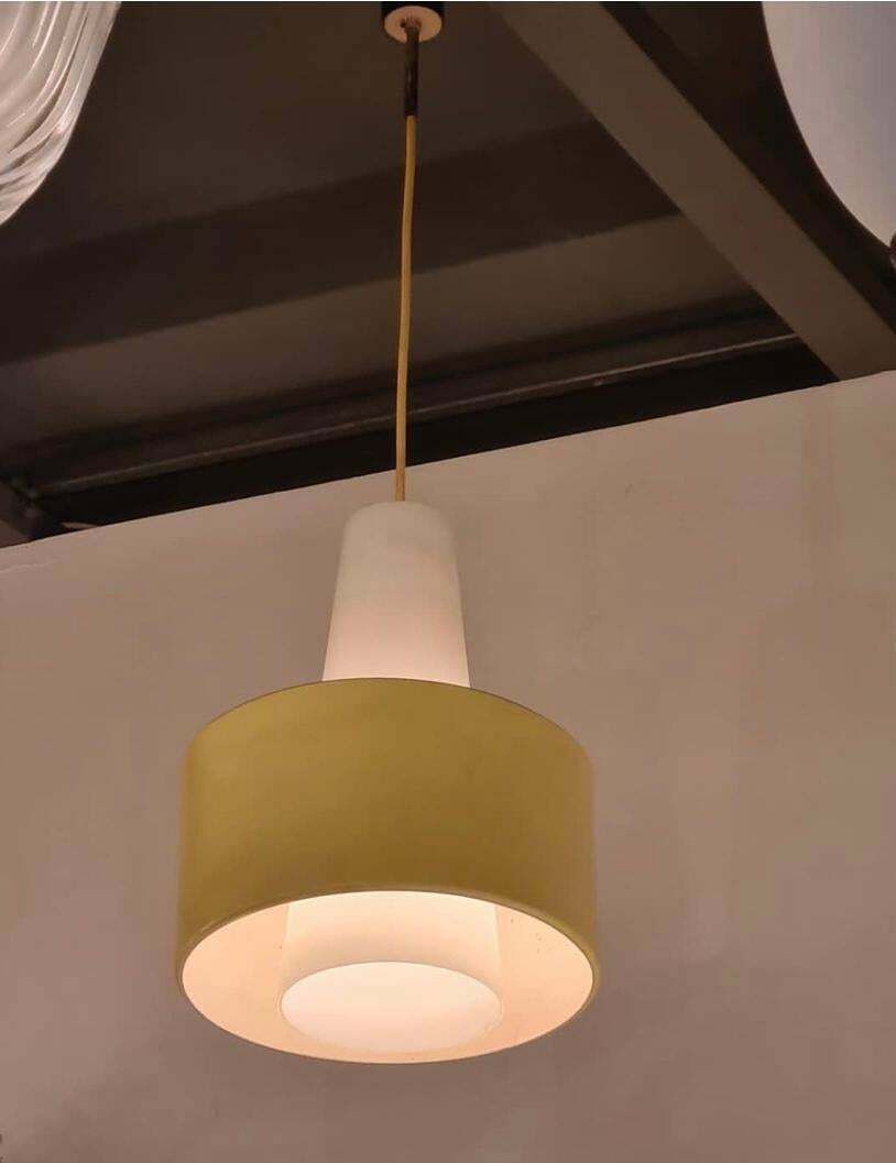Stilnovo Chandelier Brass Opaline Glass Metal 1950 Italy photo furniture