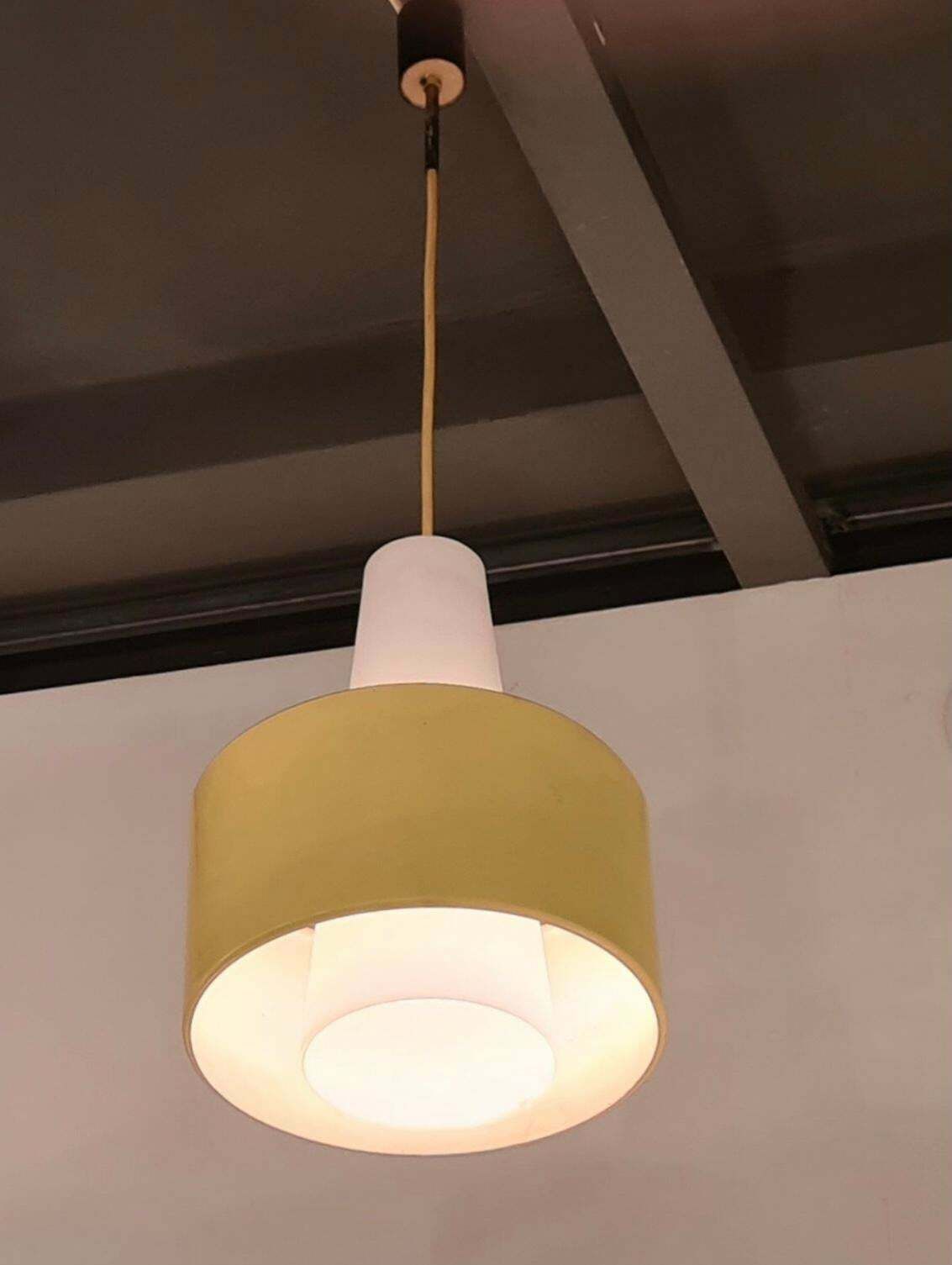 Stilnovo Chandelier Brass Opaline Glass Metal 1950 Italy photo vinterior