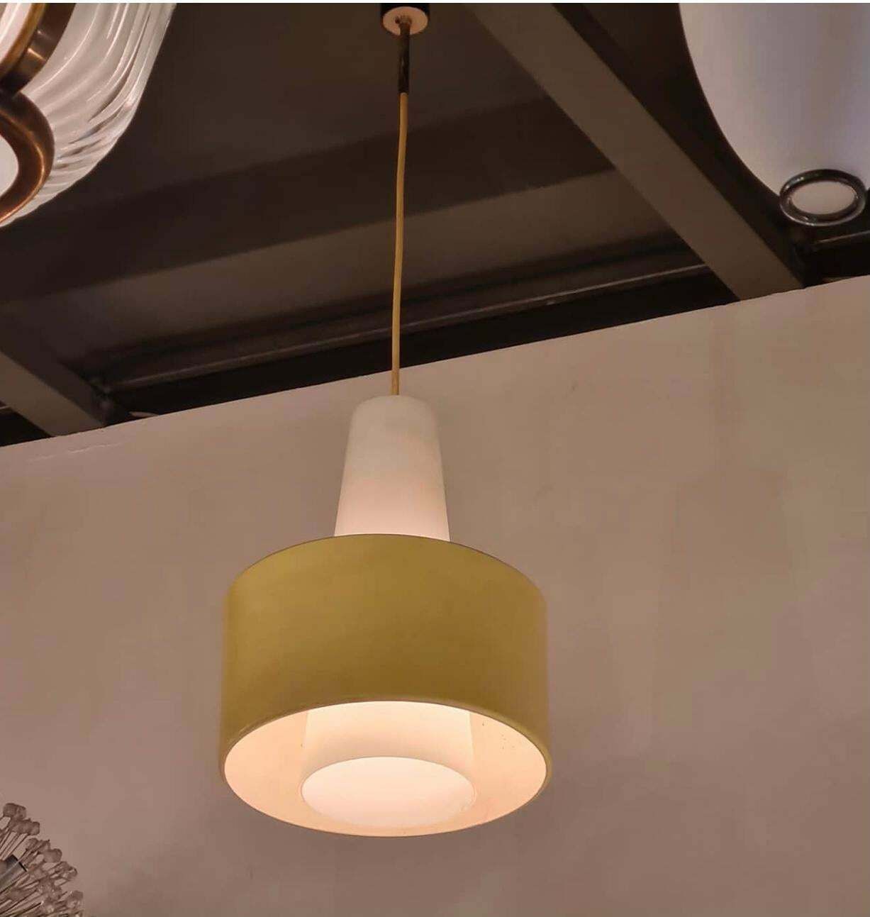 Stilnovo Chandelier Brass Opaline Glass Metal 1950 Italy photo vintage