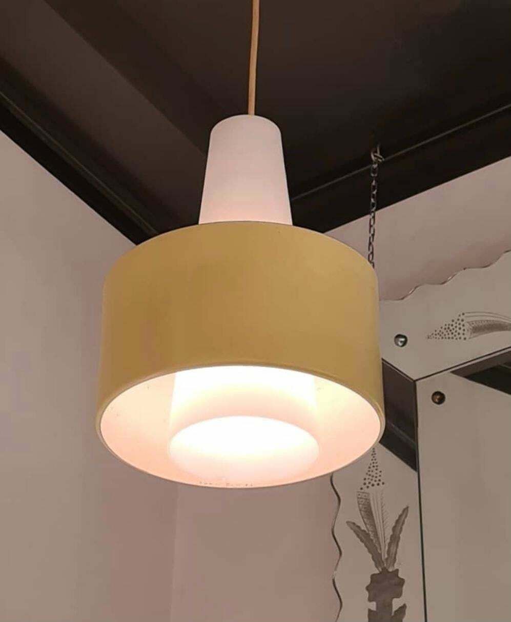 photo furniture Stilnovo Chandelier Brass Opaline Glass Metal 1950 Italy