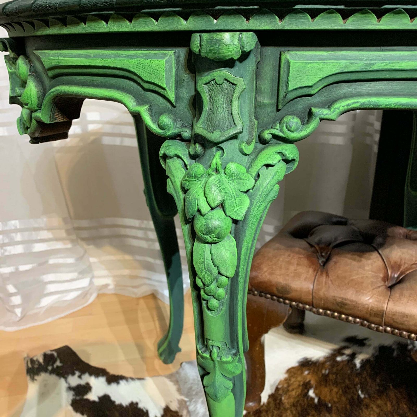 Painted French Antique Table Oval Ornate Carvings Green And Black Colours photo 1295.0