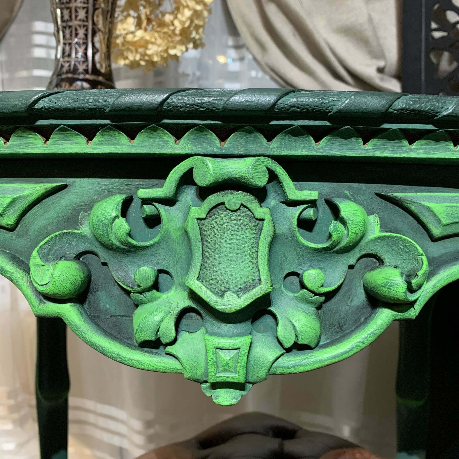 Painted French Antique Table Oval Ornate Carvings Green And Black Colours photo buy