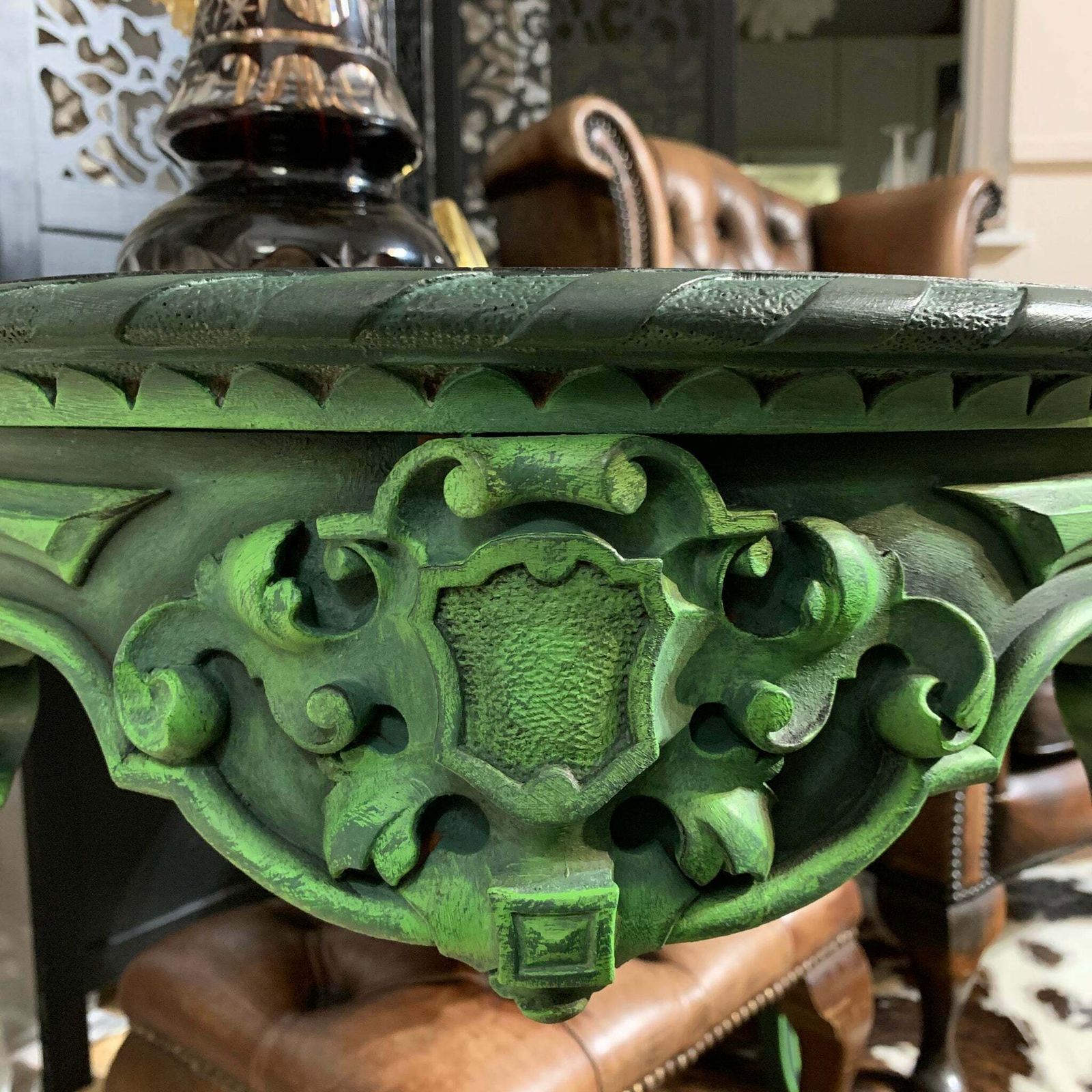 Painted French Antique Table Oval Ornate Carvings Green And Black Colours photo vintage