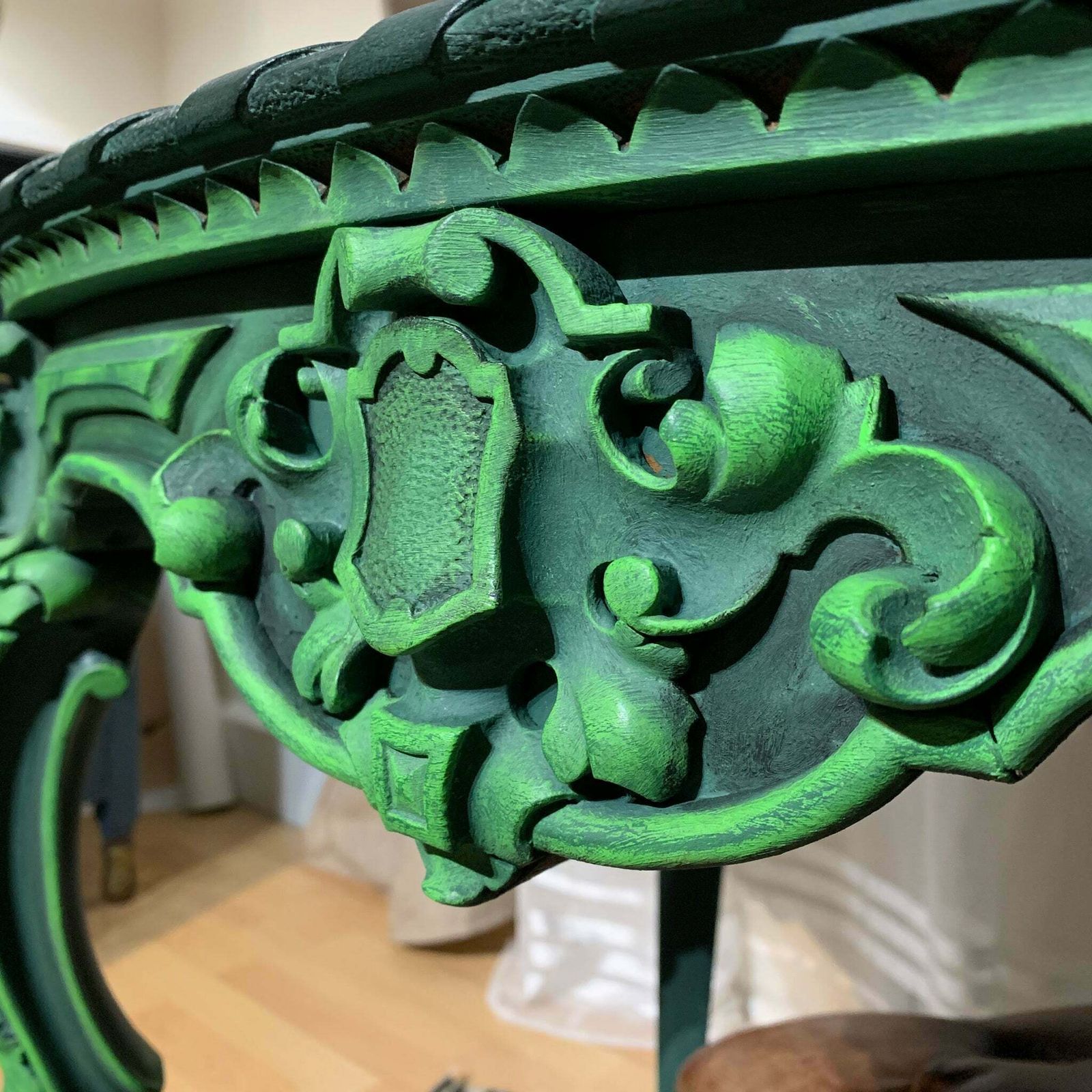 photo for sale Painted French Antique Table Oval Ornate Carvings Green And Black Colours