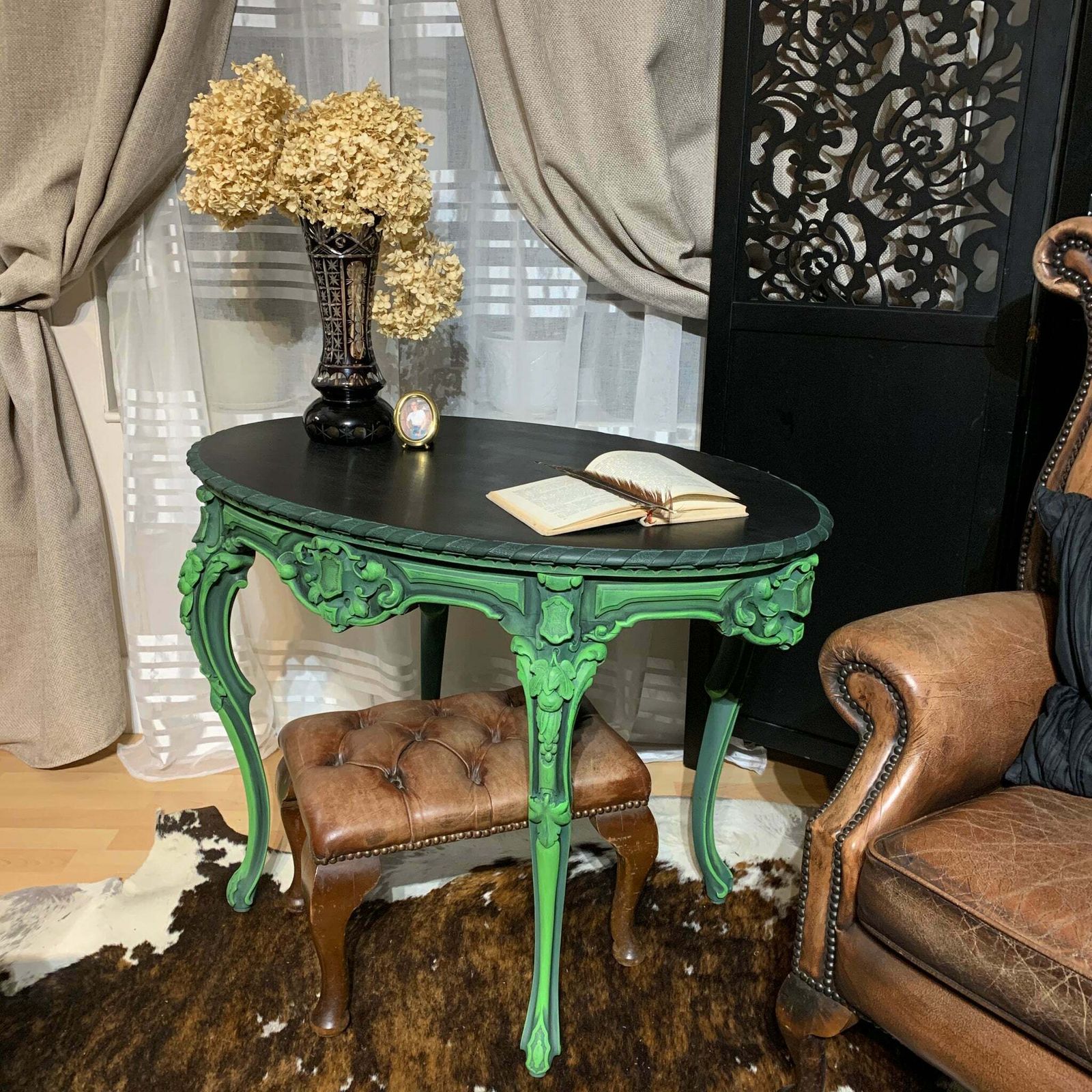 photo buy Painted French Antique Table Oval Ornate Carvings Green And Black Colours