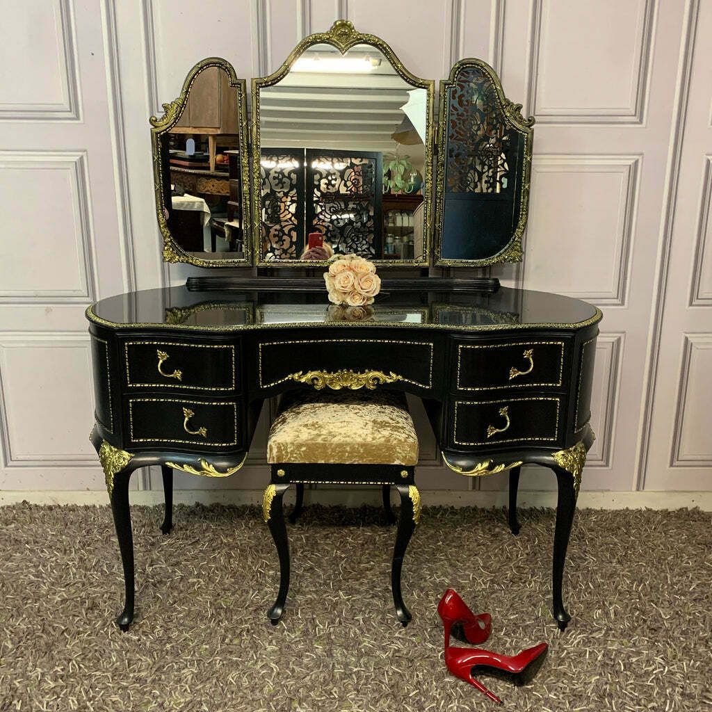 Black Gloss Dressing Table French Style Olympus Dressing Table Black & Gold Gloss Furniture
