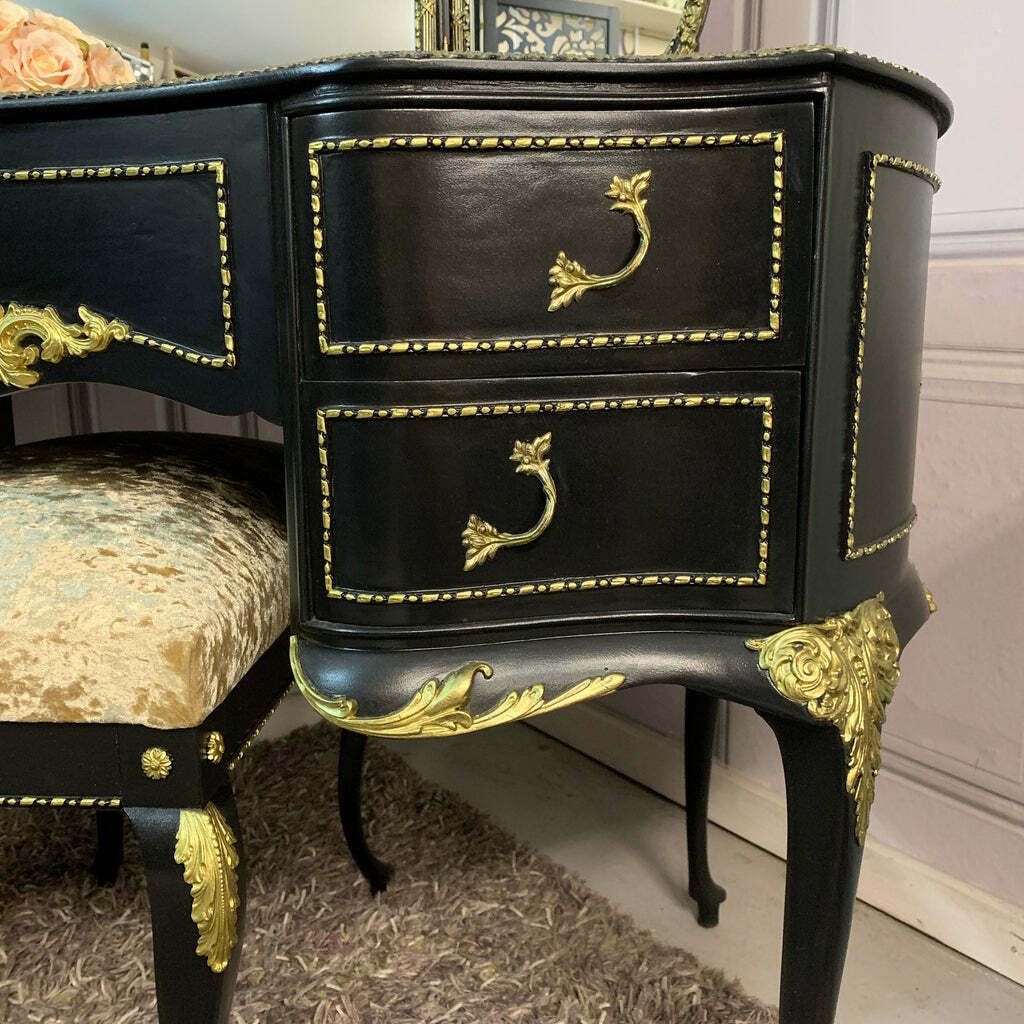 Black Gloss Dressing Table French Style Olympus Dressing Table Black & Gold Gloss Furniture photo vintage
