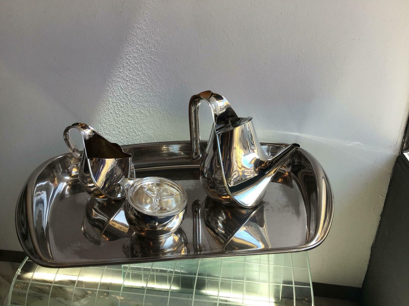 Alessi Silver Wet Steel Tea Set Oronda “Oscar Tusquets” Silver Wood Glass, 1983 photo Home Decor