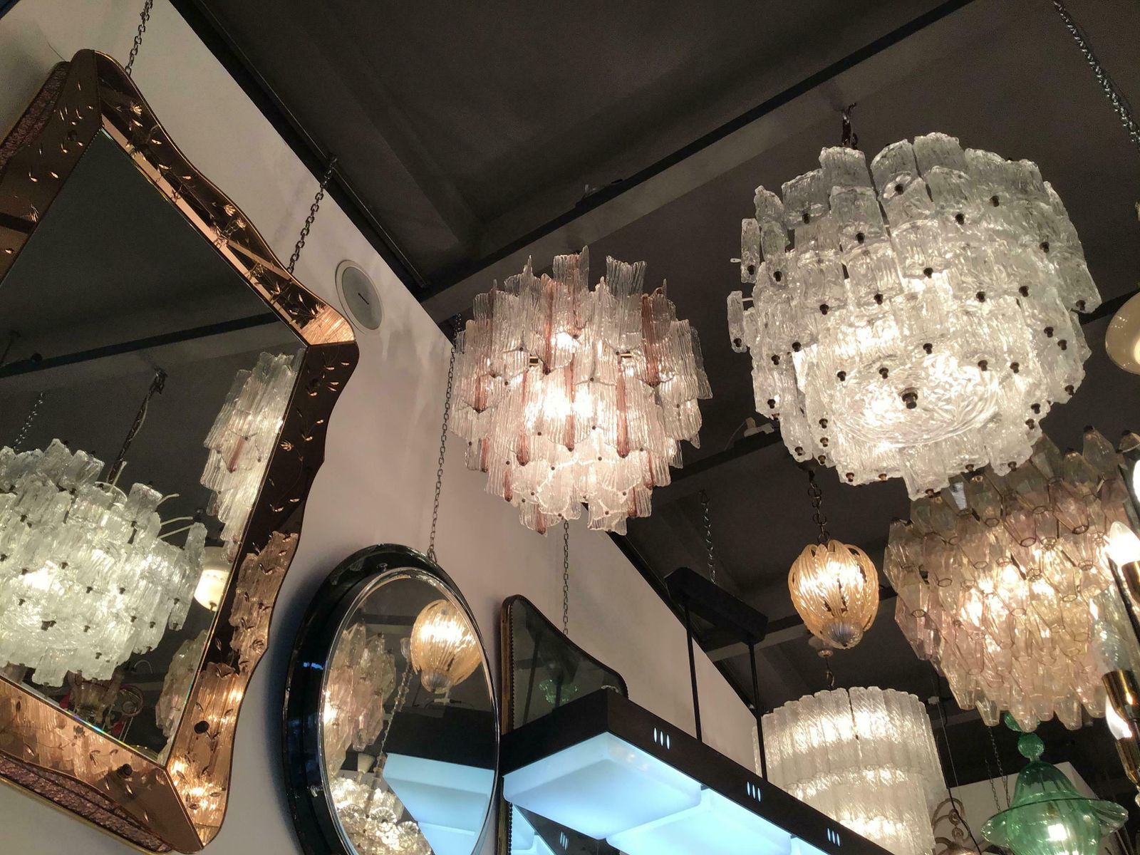 photo furniture Venini “Toni Zuccheri” Chandelier Murano Glass Metal Crome Iron 1950 Italy