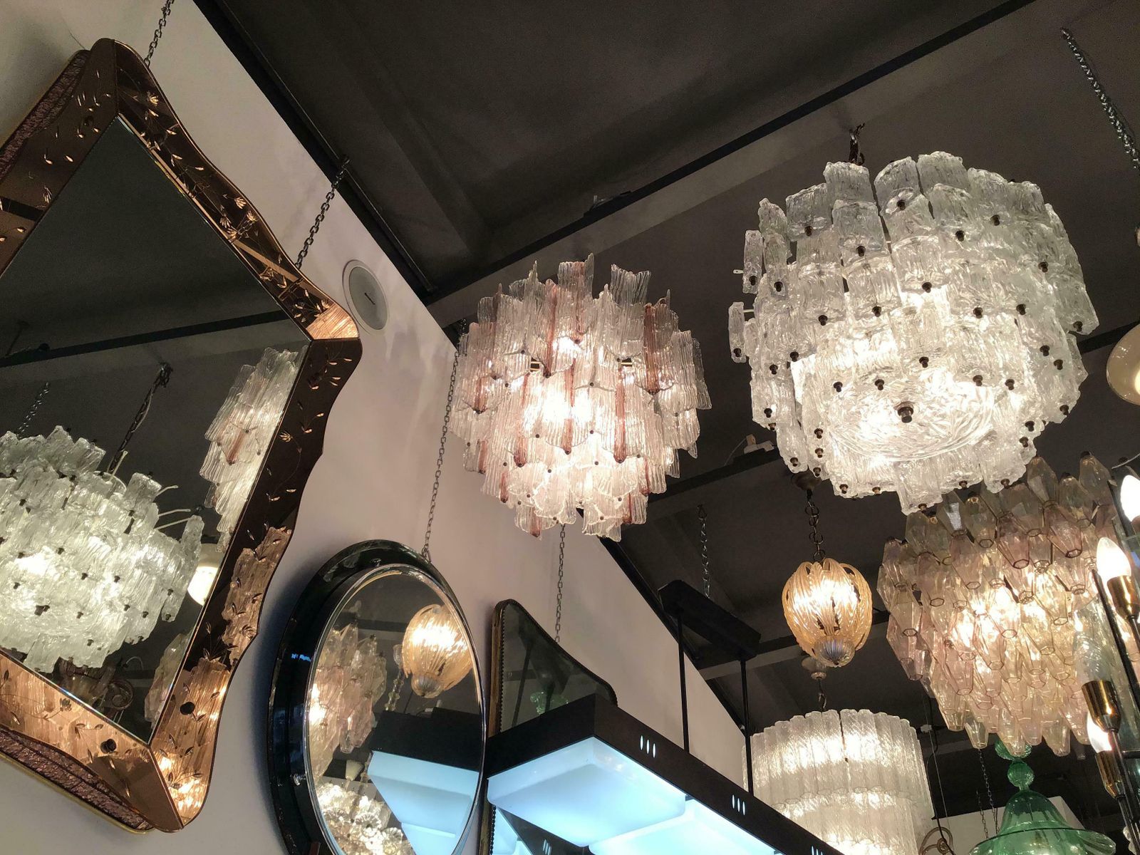 photo vinterior Venini “Toni Zuccheri” Chandelier Murano Glass Metal Crome Iron 1950 Italy