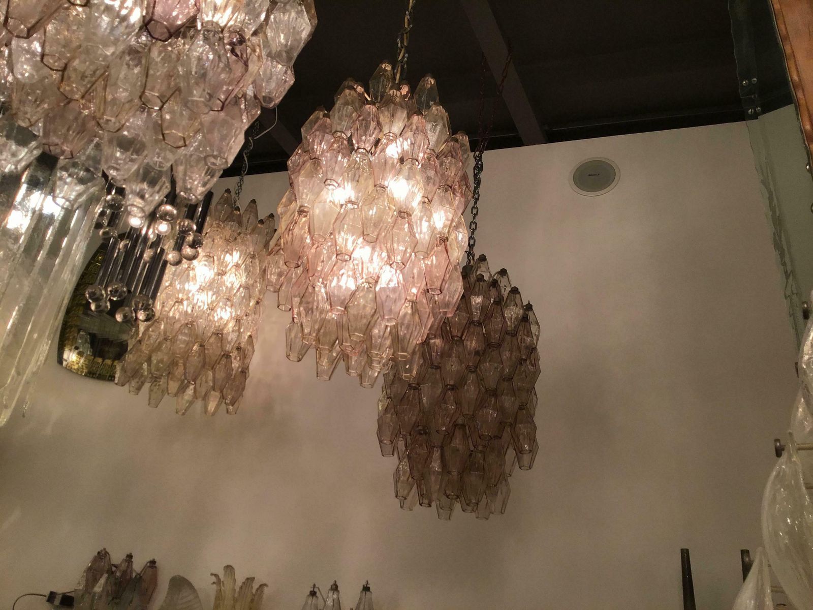 Venini Carlo Scarpa Poliedri Couple Chandelier Murano Glass Brass, 1950, Italy photo Lighting