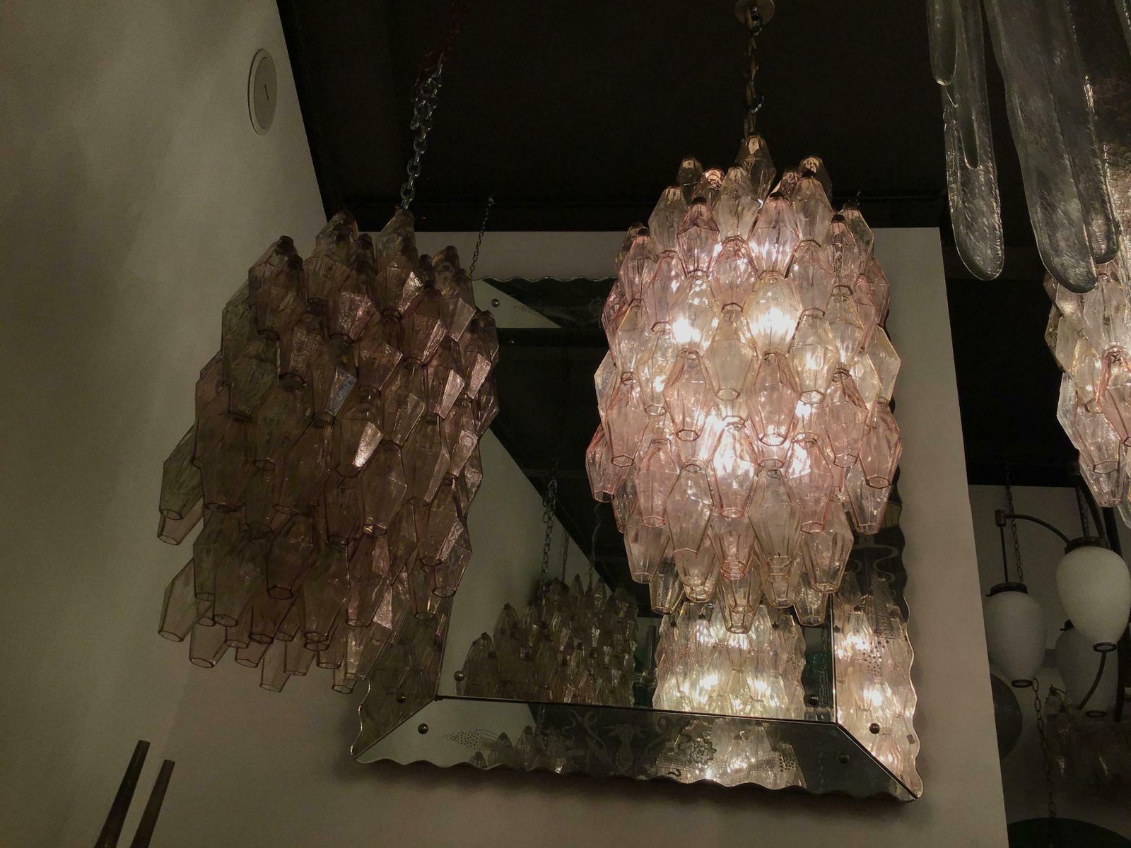 18082.0 Venini Carlo Scarpa Poliedri Couple Chandelier Murano Glass Brass, 1950, Italy photo