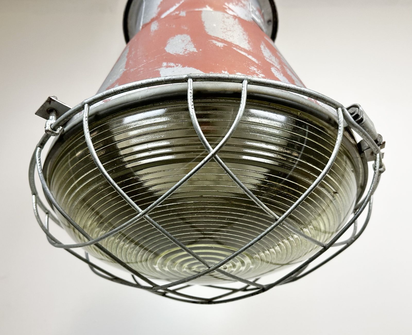 Industrial Cage Factory Pendant Lamp With Glass Cover From Mesko, 1970s, 2x photo for sale