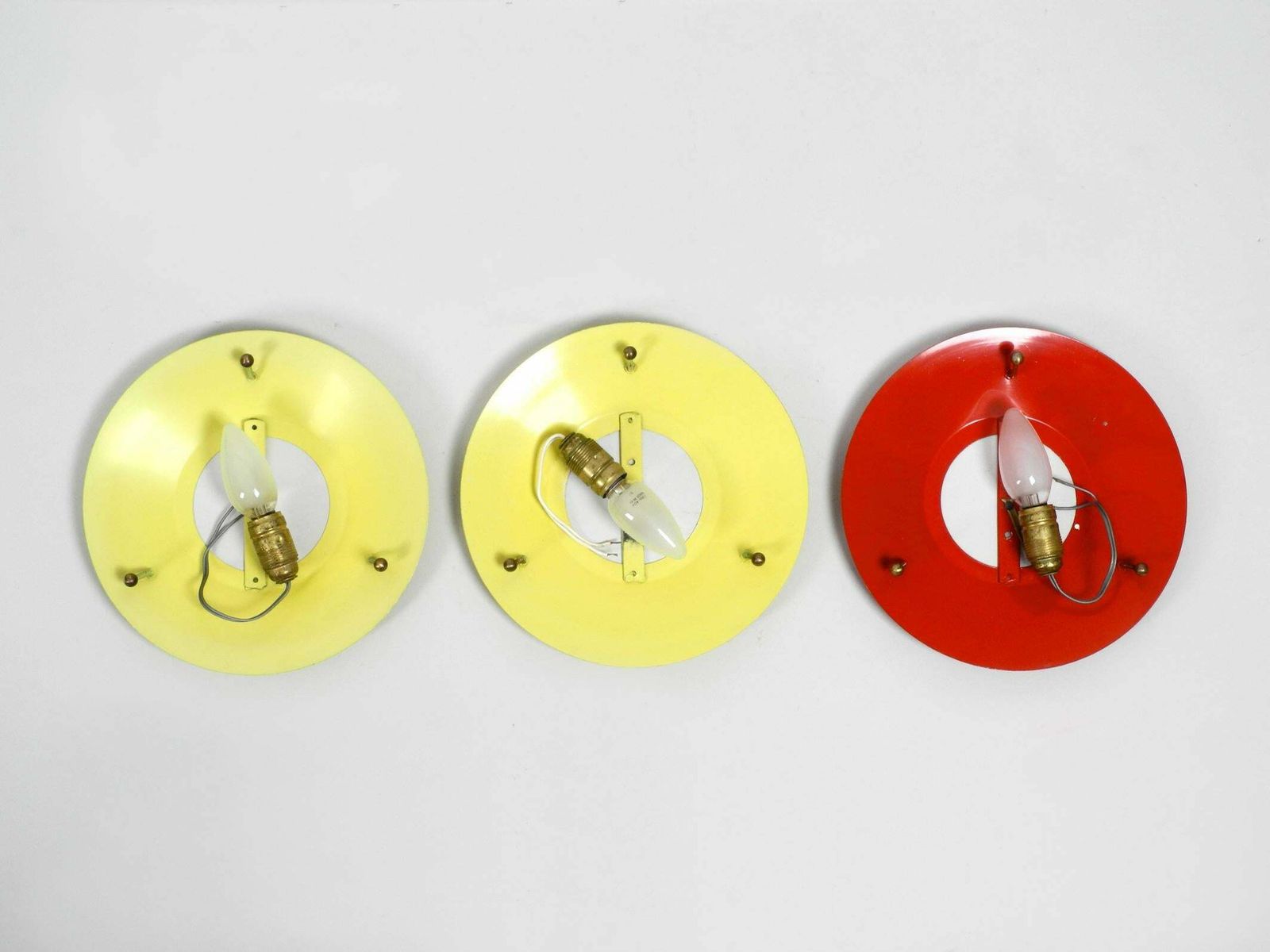 Three Round Midcentury Wall Or Ceiling Lamps Made Of Metal And Plexiglass Shade photo vintage