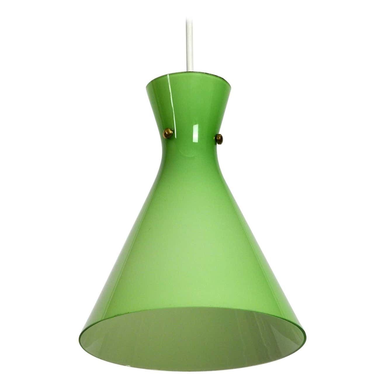 Very Beautiful Midcentury Flashed Glass Diabolo Pendant Lamp In Green