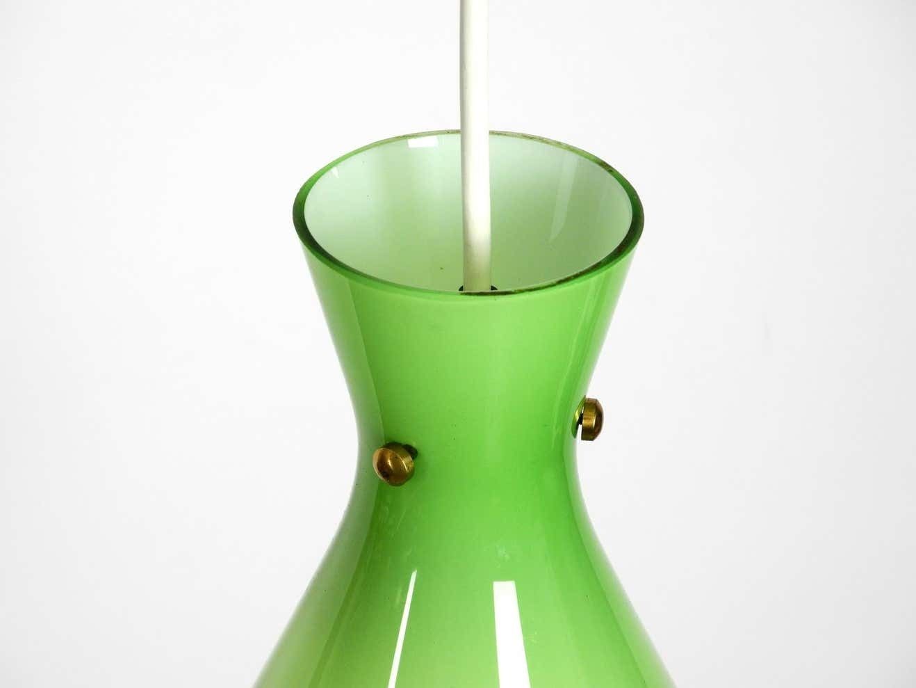 Very Beautiful Midcentury Flashed Glass Diabolo Pendant Lamp In Green photo vinterior