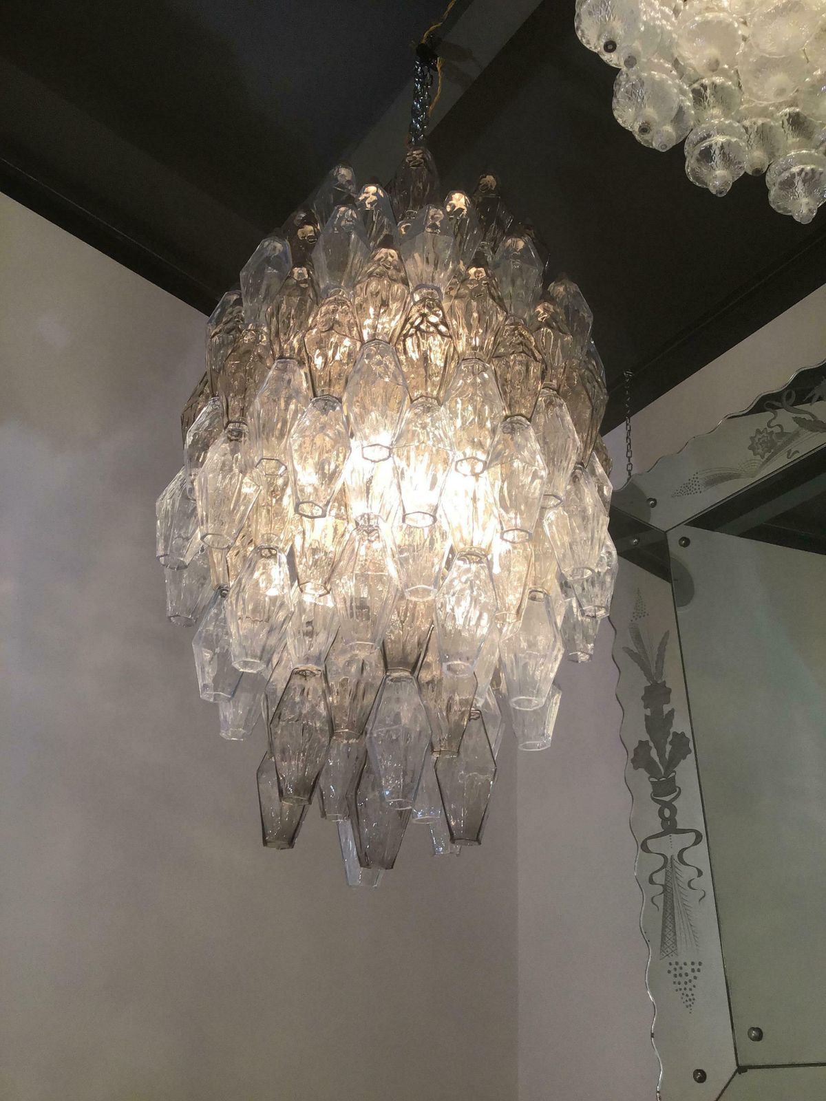 photo for sale Venini Carlo Scarpa Chandelier Poliedri Murano Light Bluend Brass, 1950
