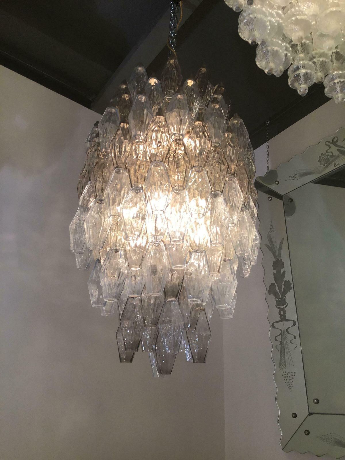 photo vintage Venini Carlo Scarpa Chandelier Poliedri Murano Light Bluend Brass, 1950