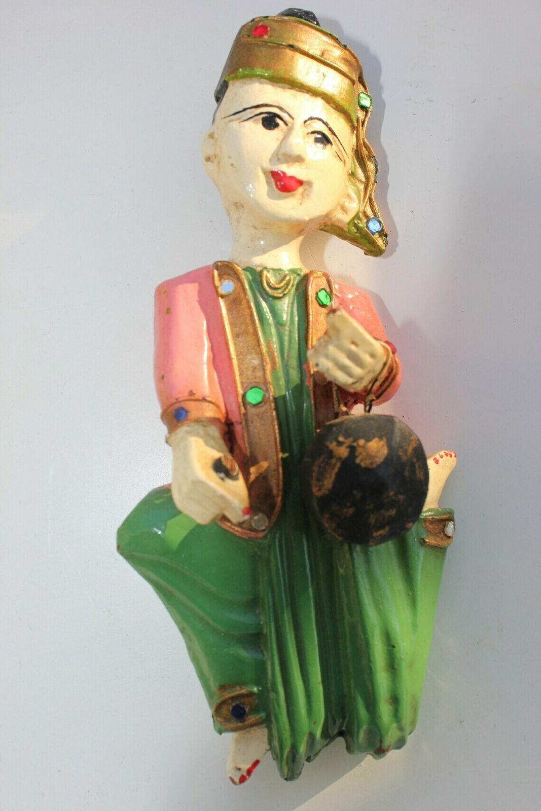 Set Of Three Thai Musicians Sculptures Vintage Carved , Hand Painted Wood Figurines, Love Yoga Gift photo vinterior