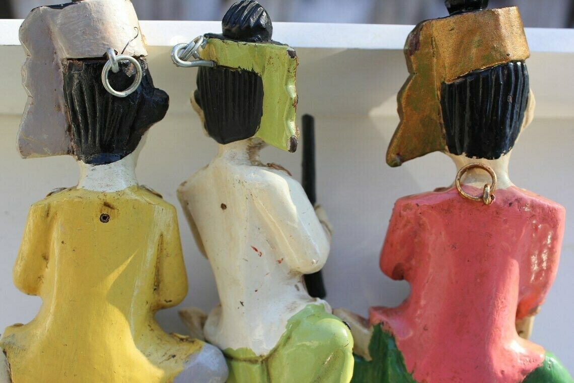 Set Of Three Thai Musicians Sculptures Vintage Carved , Hand Painted Wood Figurines, Love Yoga Gift photo buy