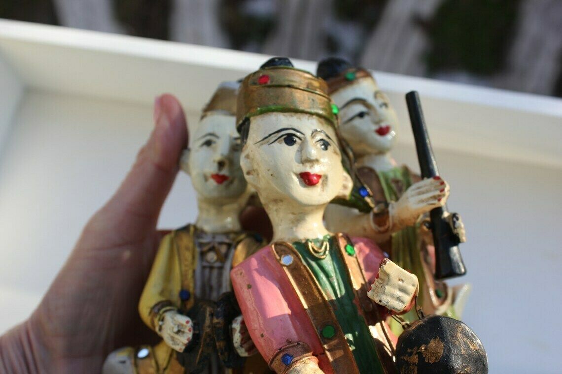 Set Of Three Thai Musicians Sculptures Vintage Carved , Hand Painted Wood Figurines, Love Yoga Gift photo vintage