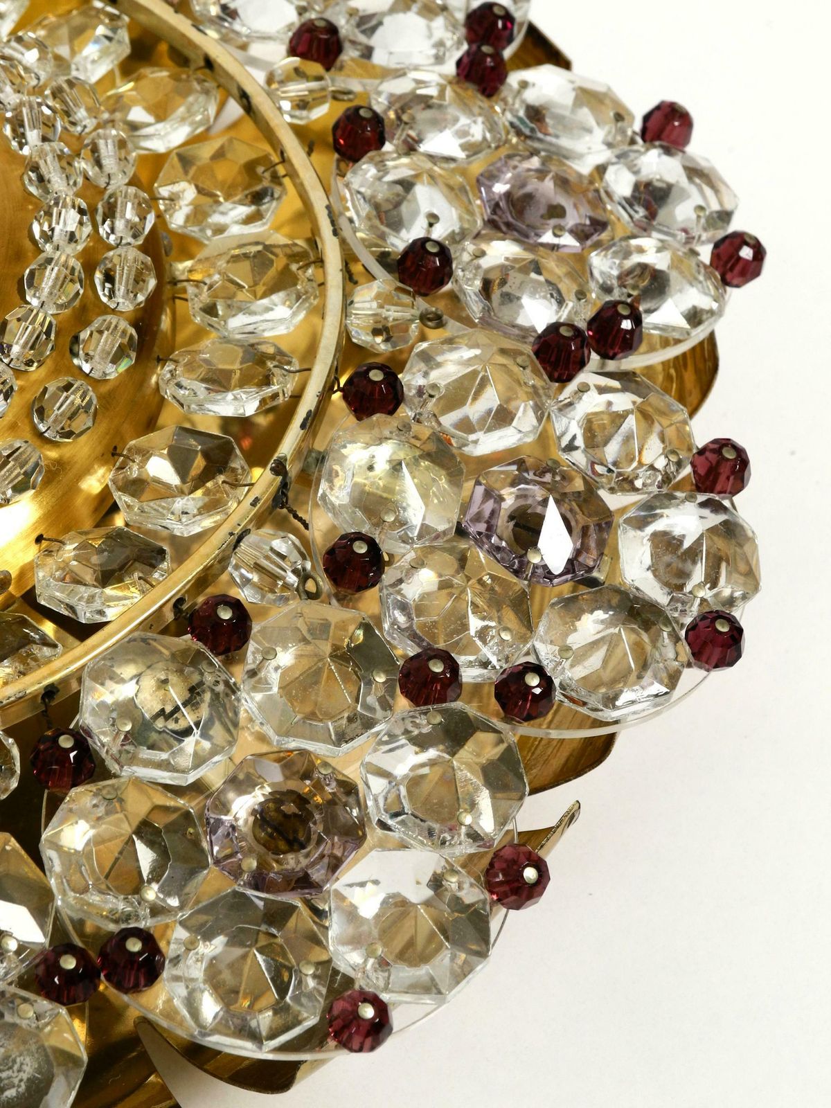 photo vintage Beautiful Mid Century Modern Ceiling Lamp Made Of Glass Stones And Brass Frame
