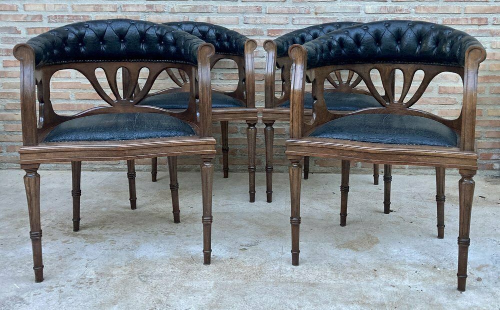 French Dining Armchairs In Leather And Walnut, 1950s, Set Of 4