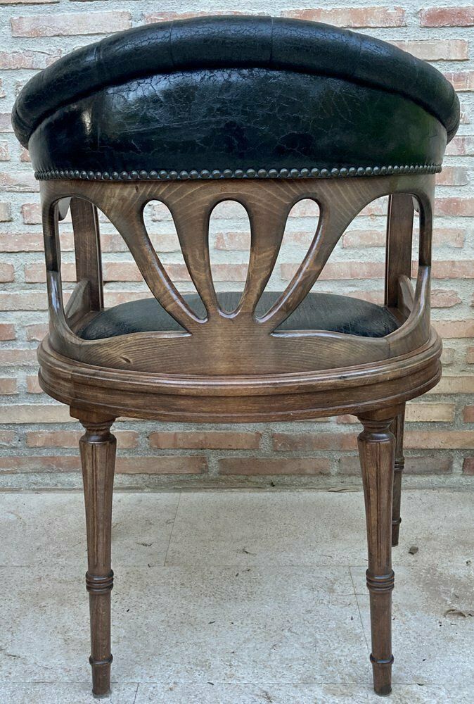 photo for sale French Dining Armchairs In Leather And Walnut, 1950s, Set Of 4